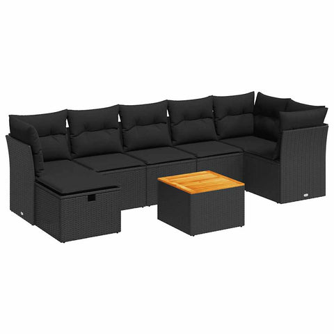 8 Pcs Garden Sofa Set with Cushions Black Poly Rattan - Sleek