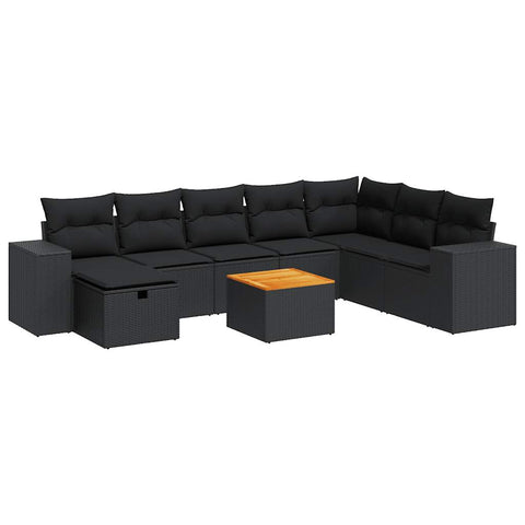 Garden Sofa Set with Cushions Modular Sofa 9 Piece Black Poly Rattan - Elegant