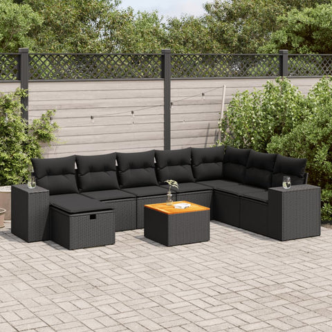 Garden Sofa Set with Cushions Modular Sofa 9 Piece Black Poly Rattan - Elegant