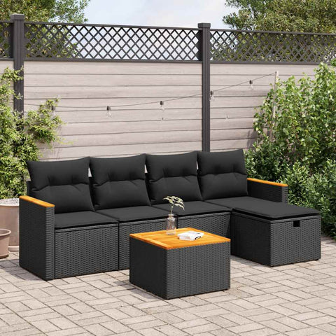 6 Pcs Garden Sofa Set with Cushions Black Poly Rattan - Sleek