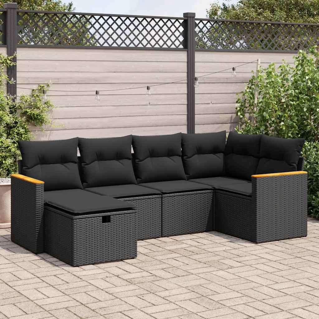 Garden Sofa Set with Cushions 6 Piece Black Poly Rattan - Elegant