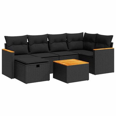 7 Piece Garden Sofa Set with Cushions Black Poly Rattan  - Sleek