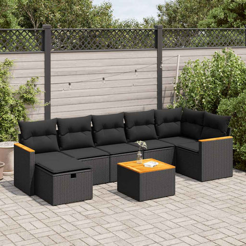 8 Piece Garden Sofa Set with Cushions Black Poly Rattan - Sleek