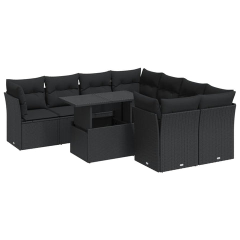 Garden Sofa Set with Cushions Modular Sofa 9 Piece Black Poly Rattan - Sleek & Functional