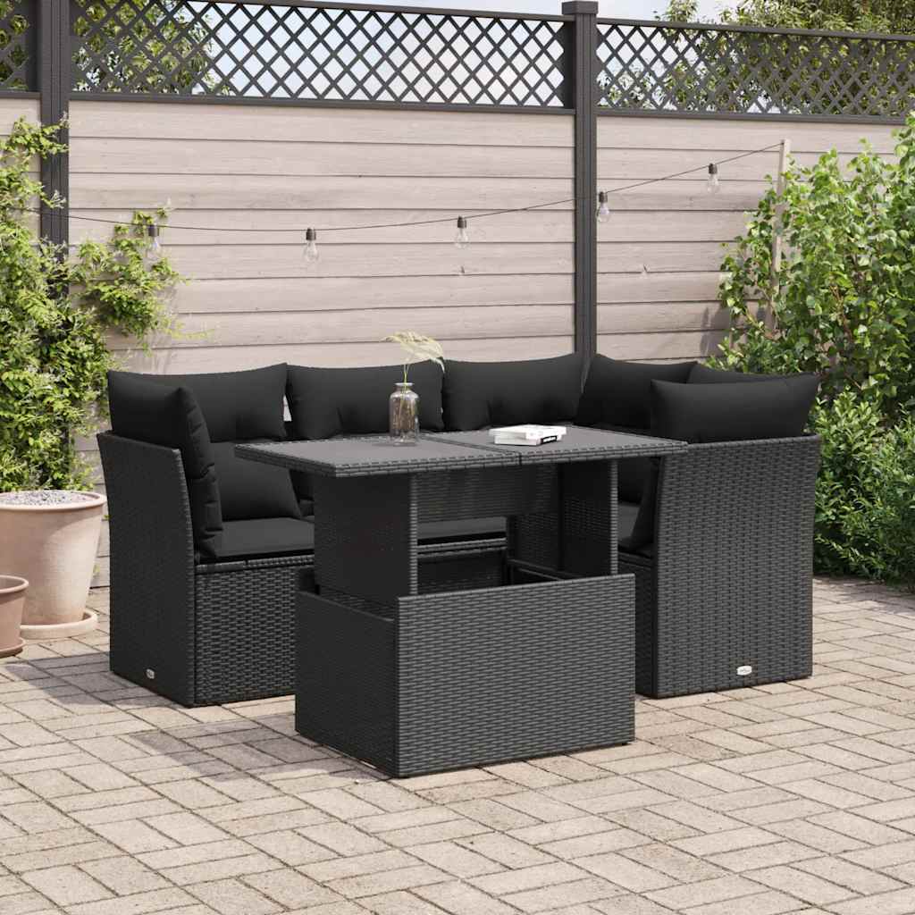 Garden Sofa Set with Cushions Couch 5 Piece Black Poly Rattan Acacia