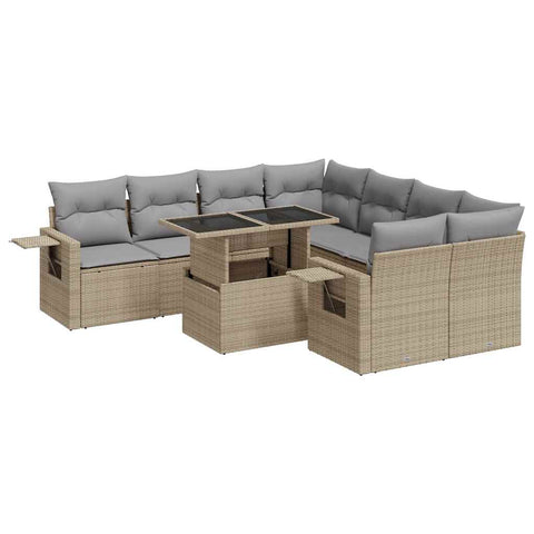 9 Piece Garden Sofa Set with Cushions Beige Poly Rattan - Outdoor Luxury