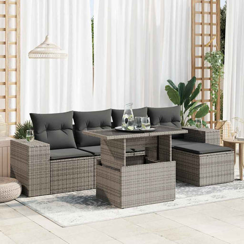 6 Piece Garden Sofa Set with Cushions Grey Poly Rattan - Outdoor