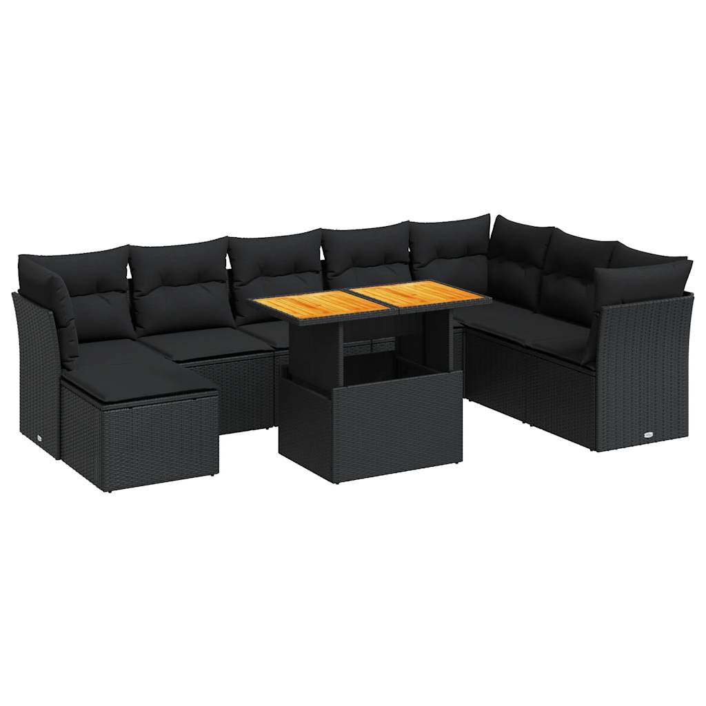 9 Piece Garden Sofa Set with Cushions Black Poly Rattan - Sleek & Functional