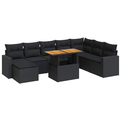 9 Piece Garden Sofa Set with Cushions Black Poly Rattan  - Stylish & Versatile