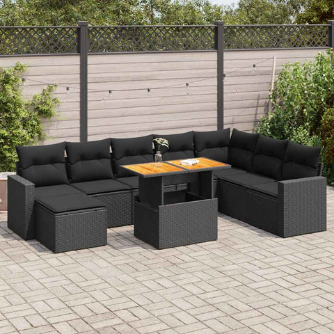 9 Piece Garden Sofa Set with Cushions Black Poly Rattan  - Stylish & Versatile