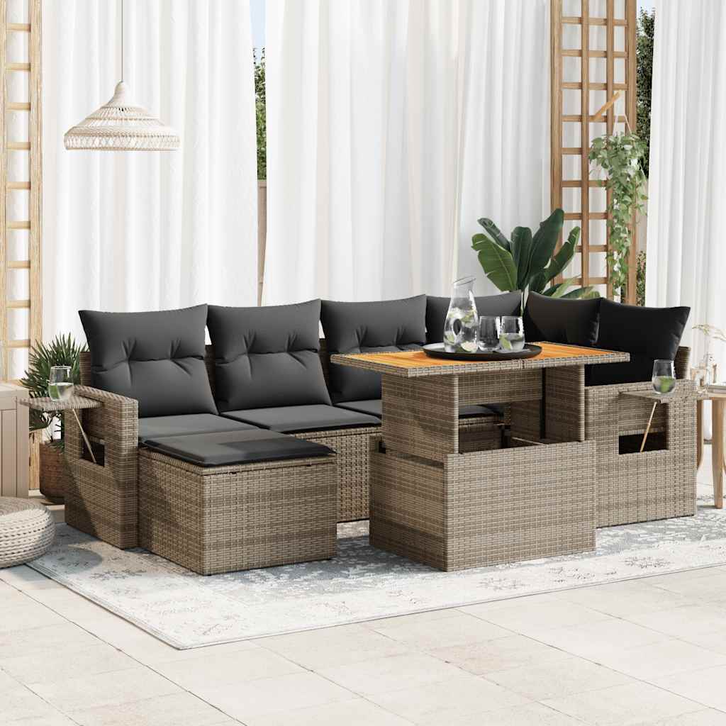 7 Pcs Garden Sofa Set with Cushions Grey Poly Rattan - Durable