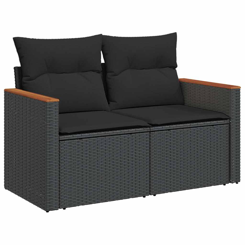 9 Piece Garden Sofa Set with Cushions Black Poly Rattan Acacia - Sleek & Functional