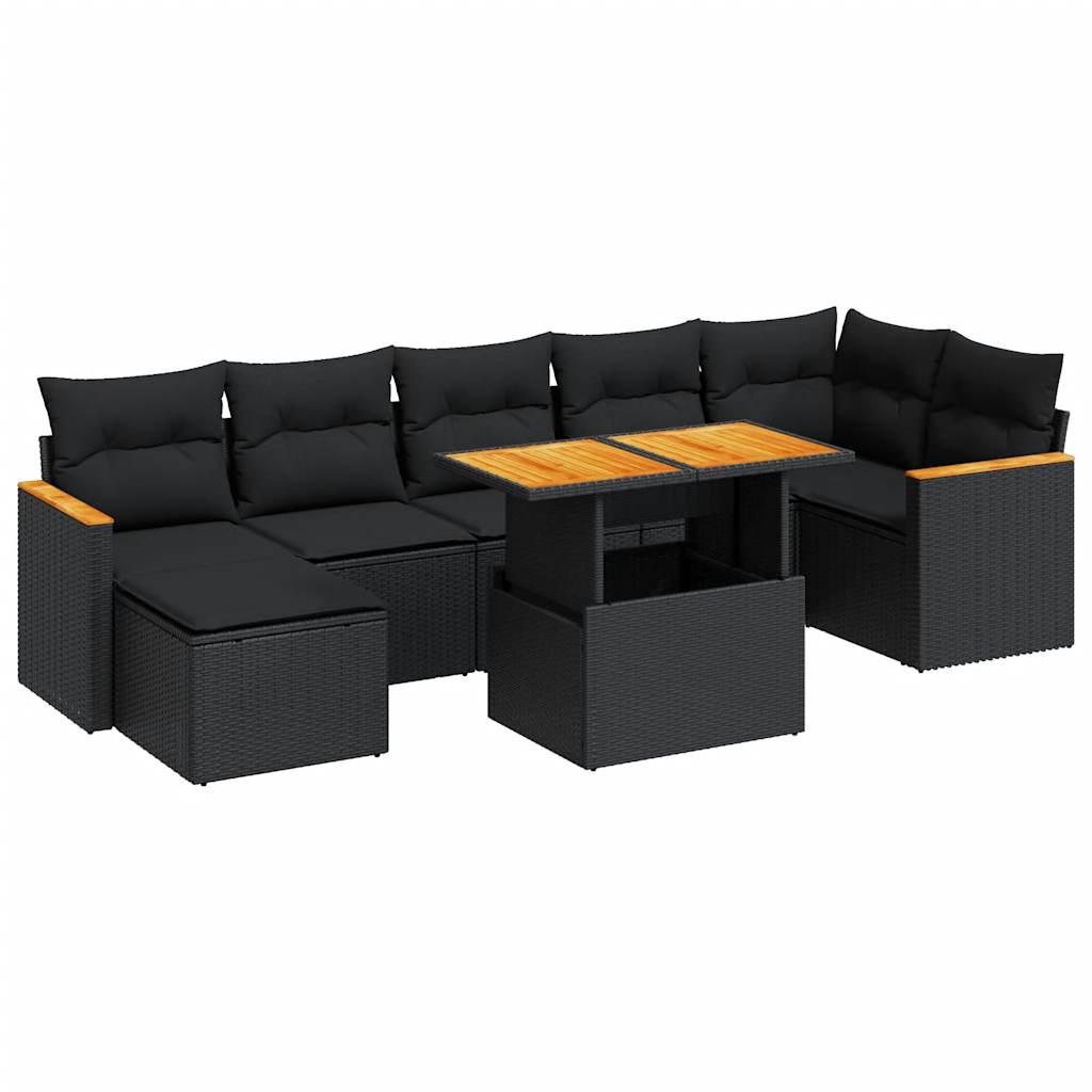 8 Piece Garden Sofa Set with Cushions Black Poly Rattan Acacia - Sleek & Functional