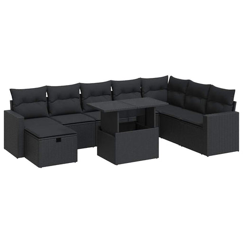 9 Piece Garden Sofa Set with Cushions Black Poly Rattan - Stylish & Versatile