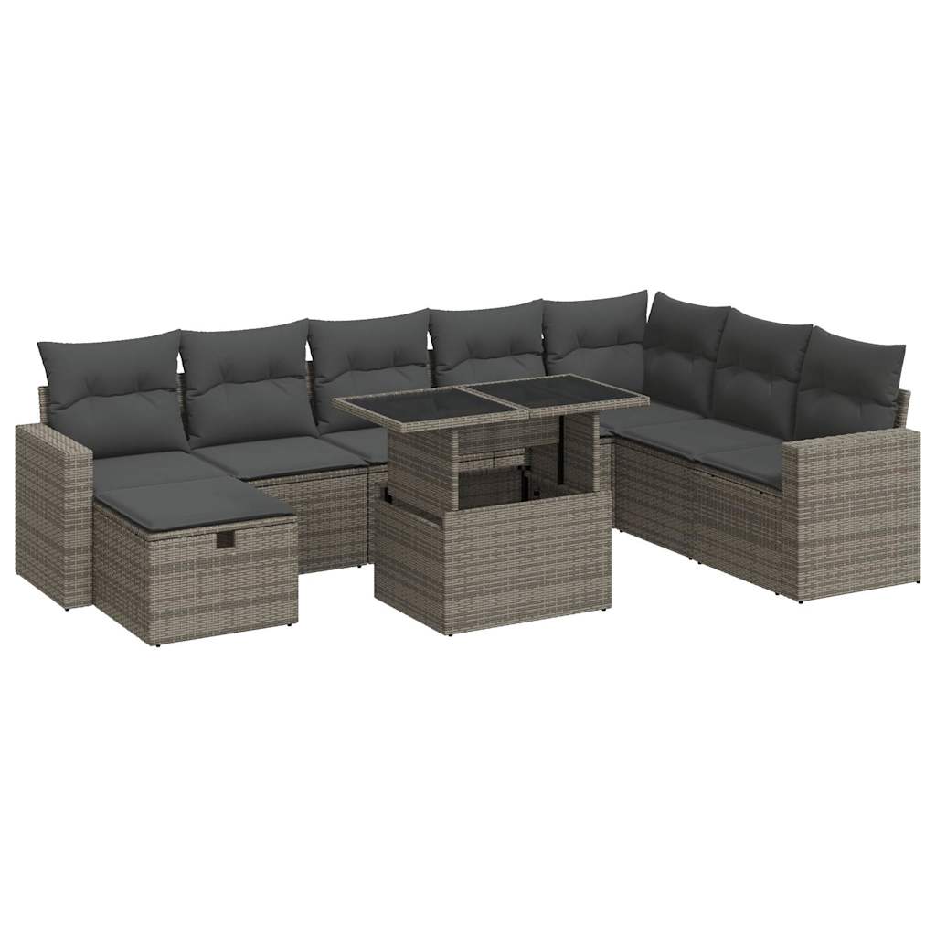 9 Piece Garden Sofa Set with Cushions Grey Poly Rattan - Sleek & Functional