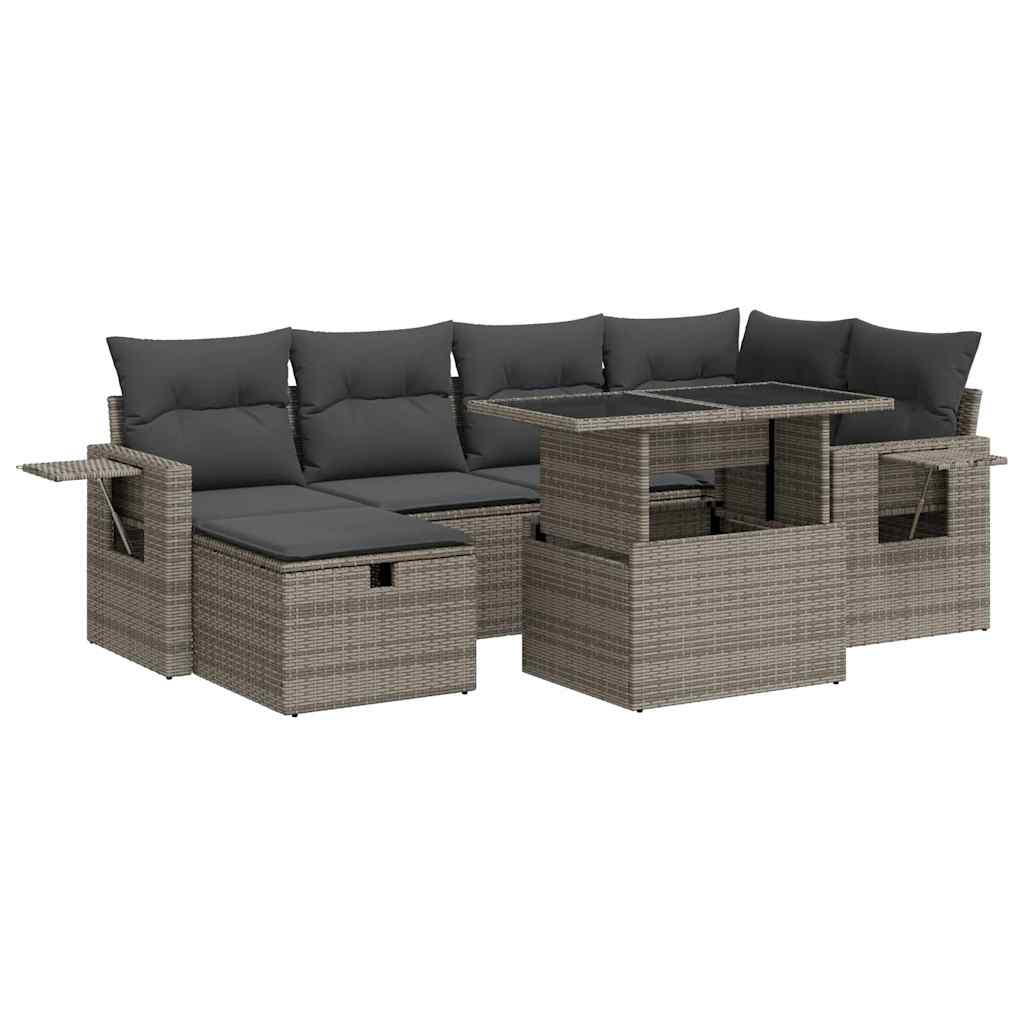 7 Pcs Garden Sofa Set with Cushions Grey Poly Rattan - Durable