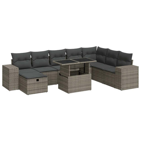 9 Piece Garden Sofa Set with Cushions Grey Poly Rattan - Outdoor Comfort