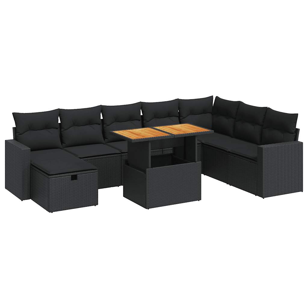 Garden Sofa Set with Cushions Couch 9 Piece Black Poly Rattan Acacia  - Relax in Style