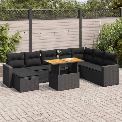 Garden Sofa Set with Cushions Couch 9 Piece Black Poly Rattan Acacia  - Relax in Style