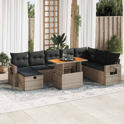 9 Piece Garden Sofa Set with Cushions Grey Poly Rattan Acacia - Outdoor Comfort