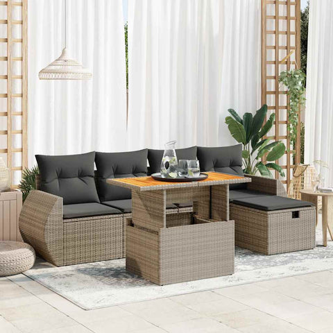 6 Piece Garden Sofa Set with Cushions Grey Poly Rattan Acacia - Outdoor Comfort