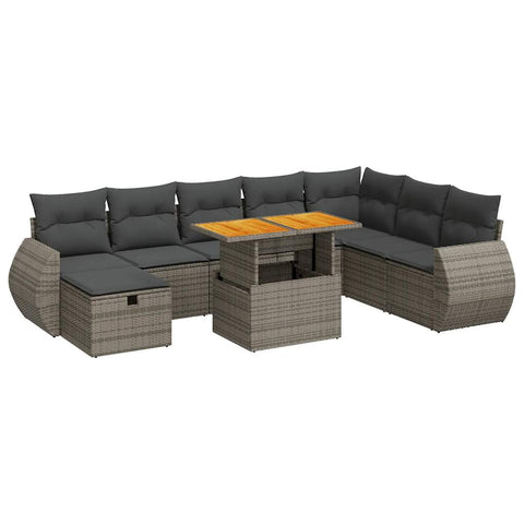 9 Pcs Garden Sofa Set with Cushions Grey Poly Rattan Acacia - Outdoor Comfort