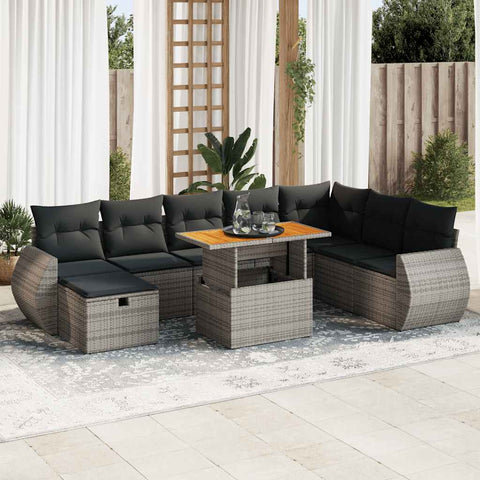 9 Pcs Garden Sofa Set with Cushions Grey Poly Rattan Acacia - Outdoor Comfort