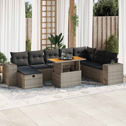 9 Piece Garden Sofa Set with Cushions Grey Poly Rattan Acacia