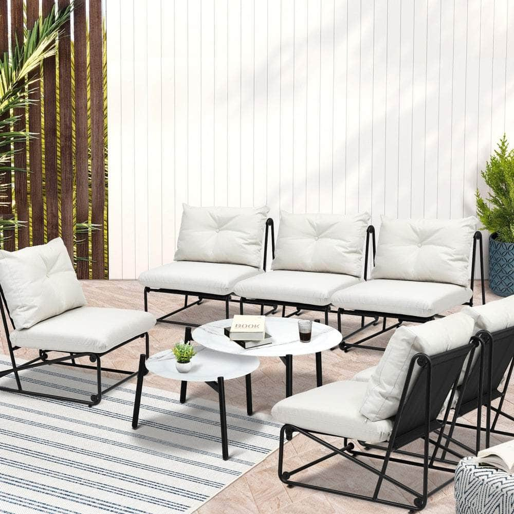 8PCS Outdoor Sofa Set 2-in-1 Coffee Table with Chairs Beige