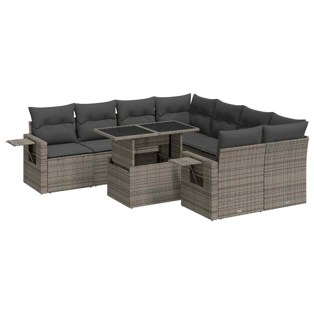 9 Pcs Garden Sofa Set with Cushions Grey Poly Rattan - Durable & Chic