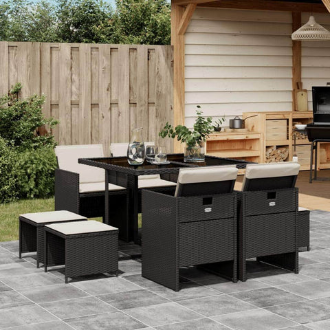 9 Piece Garden Dining Set with Cushions Black