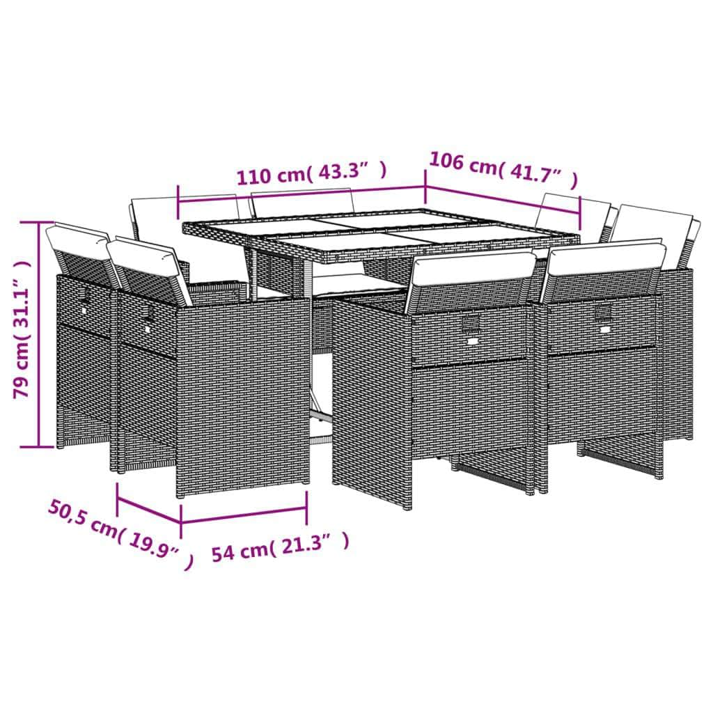 9 Piece Garden Dining Set with Cushions Grey - Poly Rattan