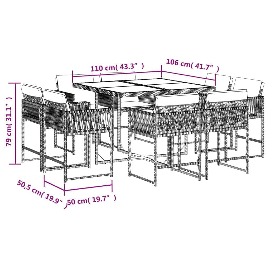 9 Piece Garden Dining Set with Cushions Poly Rattan