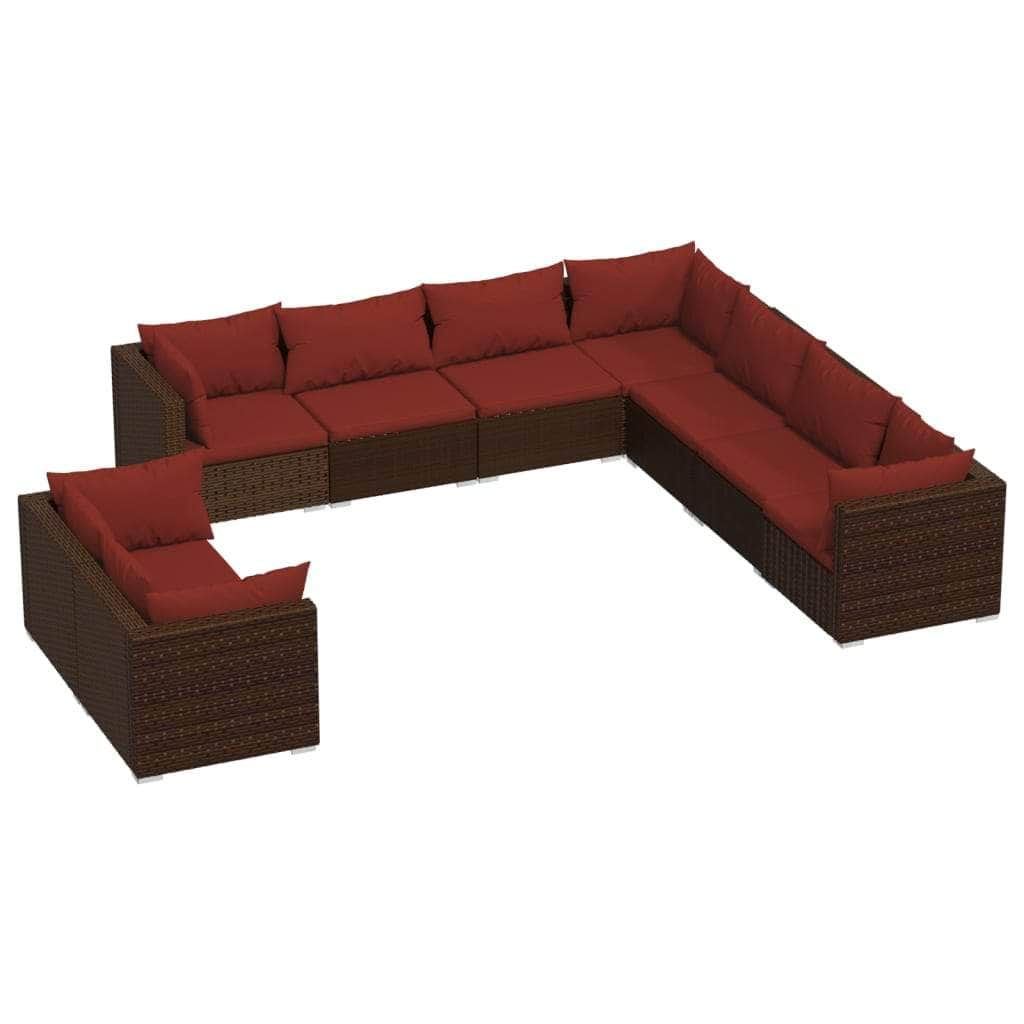 9 Piece Garden Lounge Set Brown with Cushions Poly Rattan