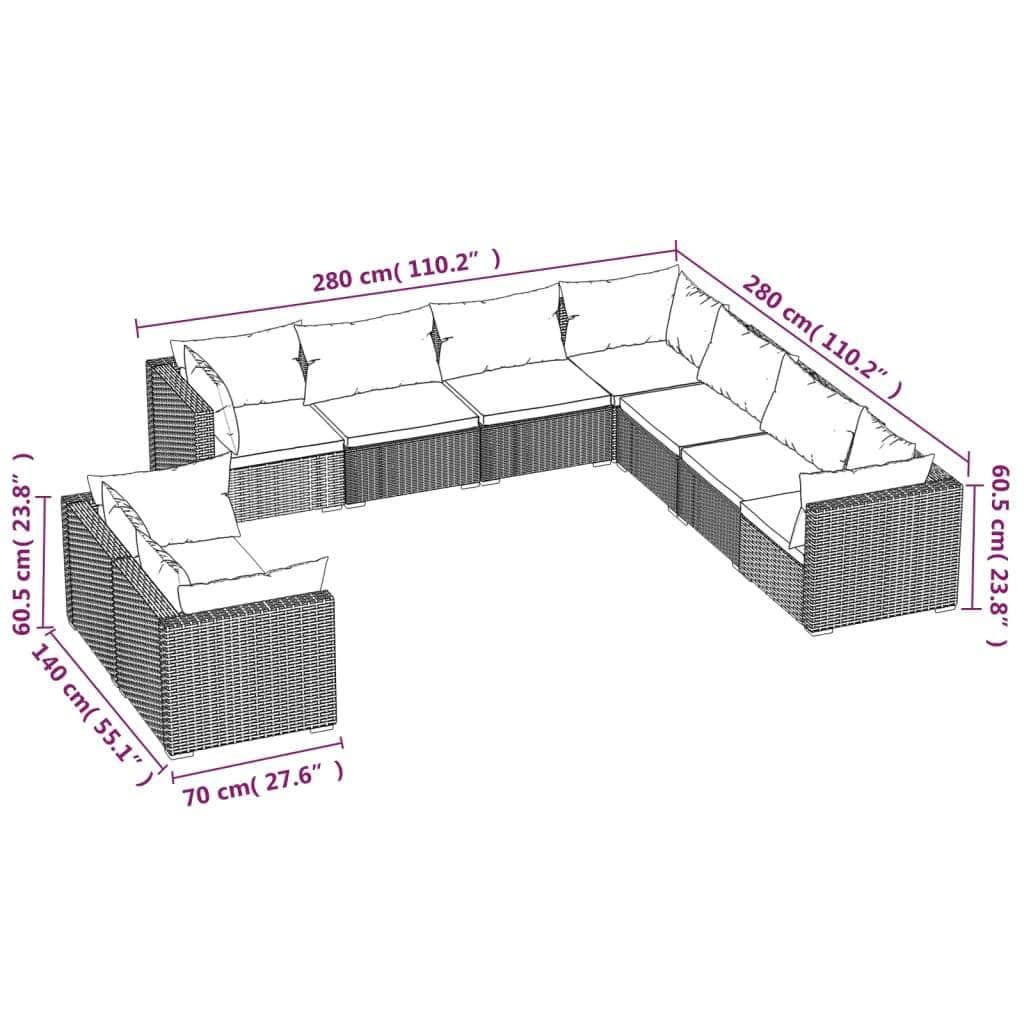 9 Piece Garden Lounge Set Brown with Cushions Poly Rattan