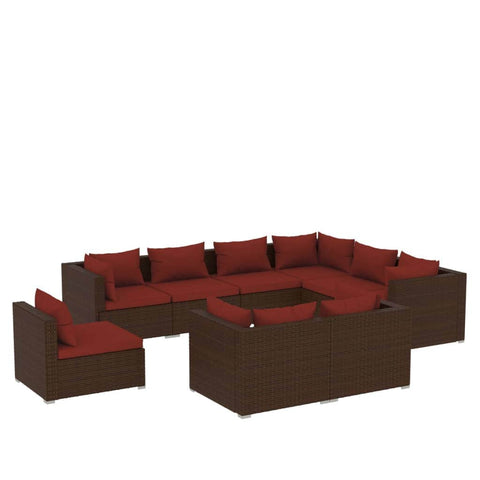 9 Piece Garden Lounge Set with Cushions Brown Poly Rattan