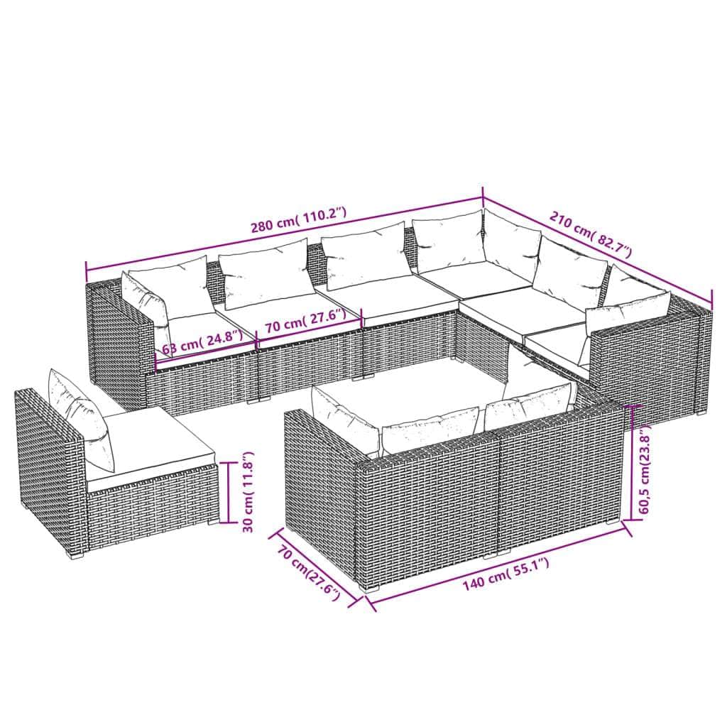 9 Piece Garden Lounge Set with Cushions Brown Poly Rattan