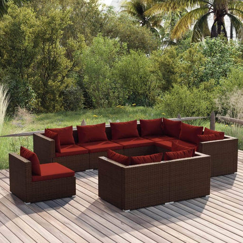 9 Piece Garden Lounge Set with Cushions Brown Poly Rattan