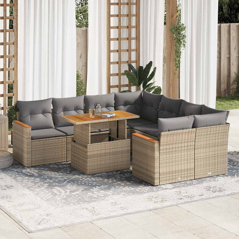 9 Piece Garden Sofa Set with Cushions Beige Poly Rattan Acacia