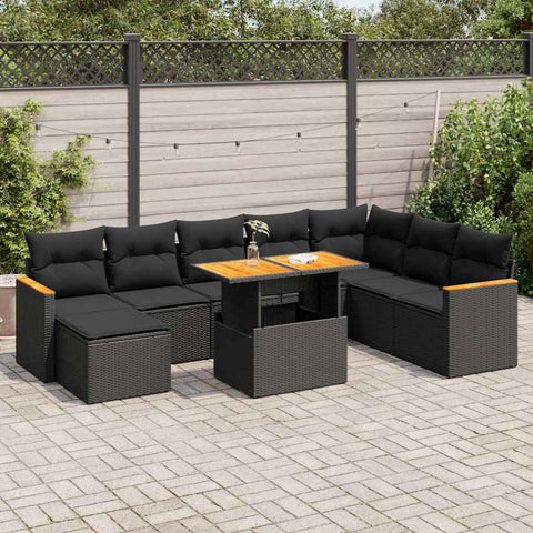 9 Piece Garden Sofa Set with Cushions Black Poly Rattan Acacia - Outdoor Relaxation