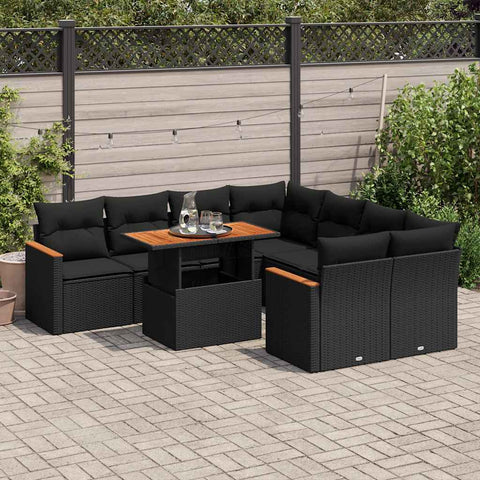 9 Piece Garden Sofa Set with Cushions Black Poly Rattan Acacia - Sleek & Functional