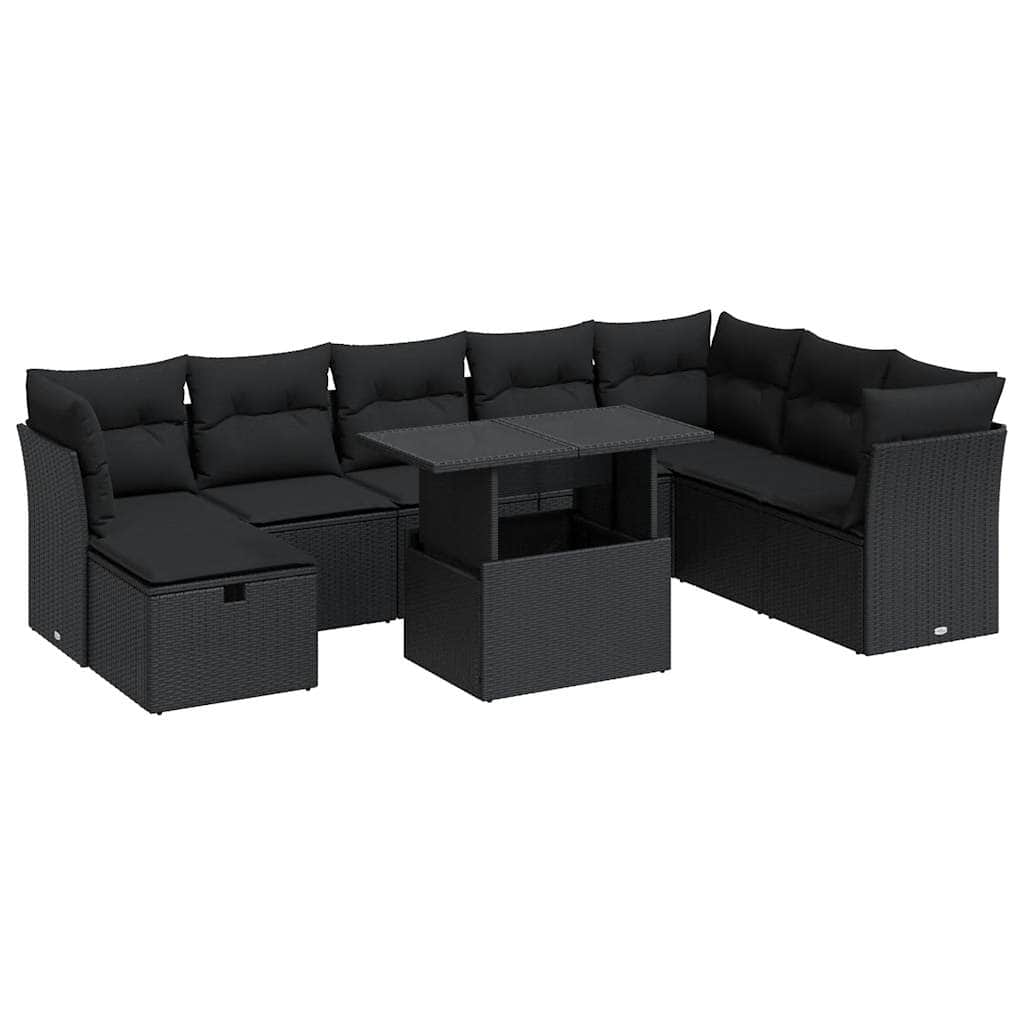 9 Piece Garden Sofa Set with Cushions Black Poly Rattan - Versatile and Stylish