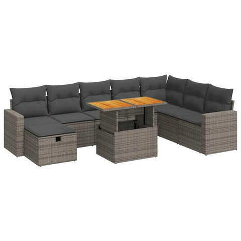 9 Piece Garden Sofa Set with Cushions Grey Poly Rattan Acacia - Outdoor Relaxation