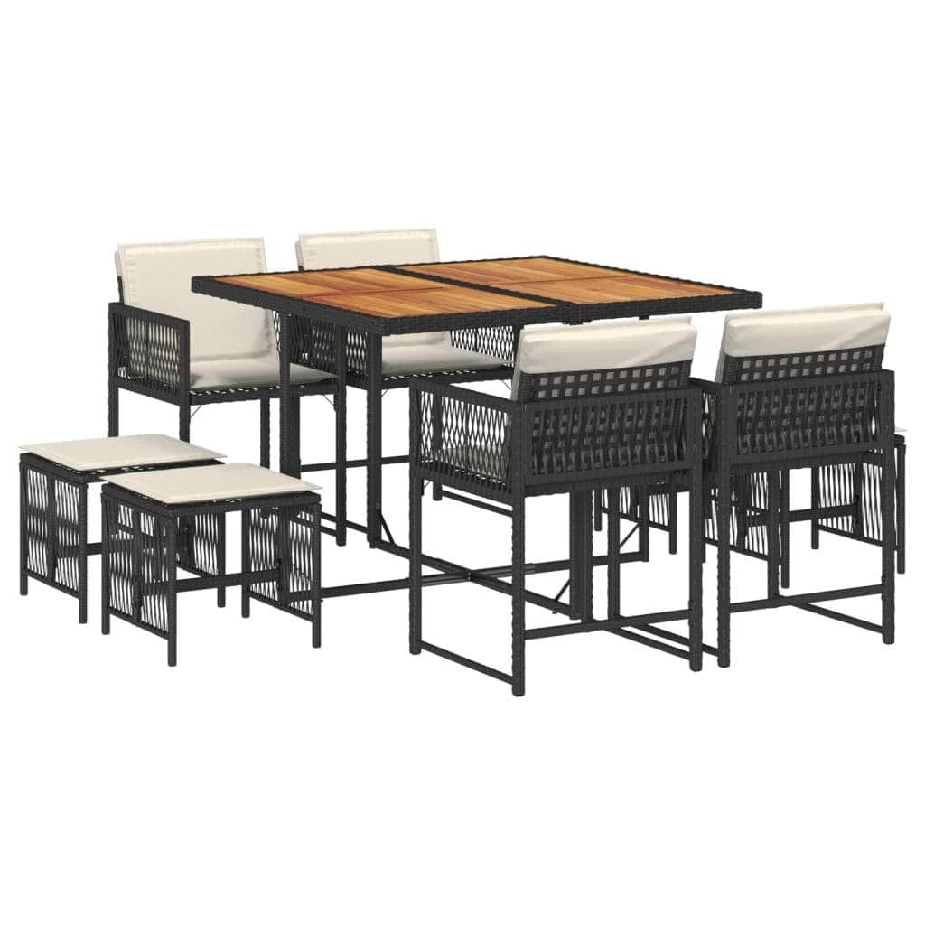 9-Piece Grey Poly Rattan Dining Set with Comfort Cushions