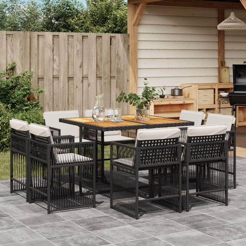 9-Piece Outdoor Dining Set in Black Poly Rattan with Cushions