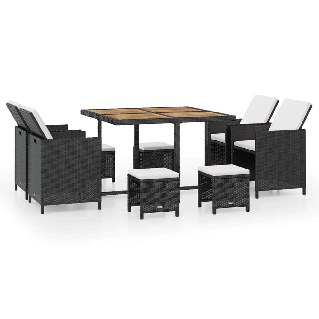 9 Piece Outdoor Dining Set Poly Rattan and Acacia Wood Black