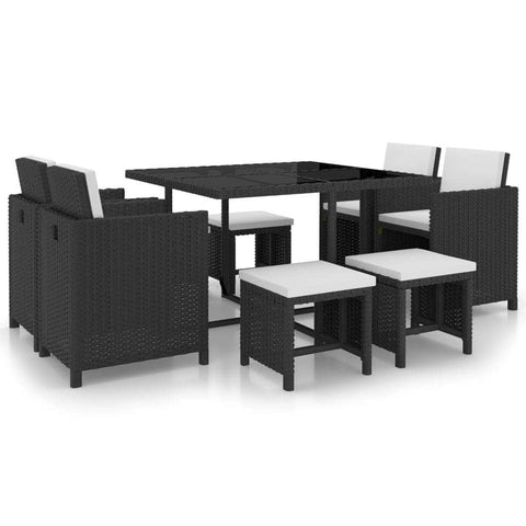 9 Piece Outdoor Dining Set with Cushions Poly Rattan Black