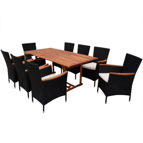 9 Piece Outdoor Dining Set with Cushions Poly Rattan Black