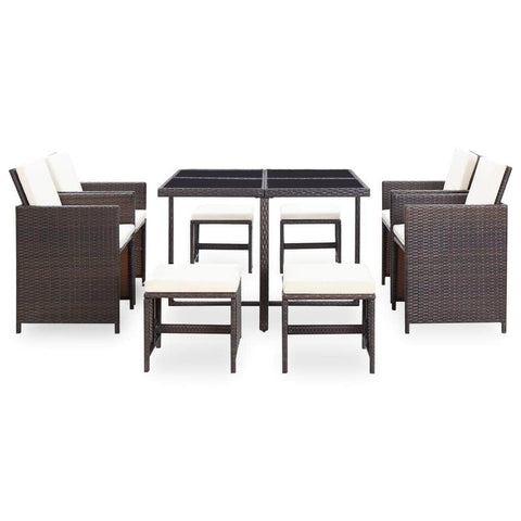 9 Piece Outdoor Dining Set with Cushions Poly Rattan Brown