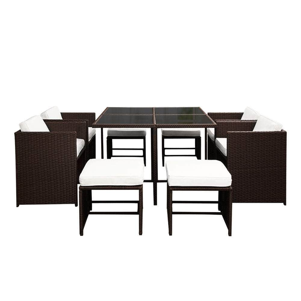 9 Piece Wicker Outdoor Dining Set - Brown & White